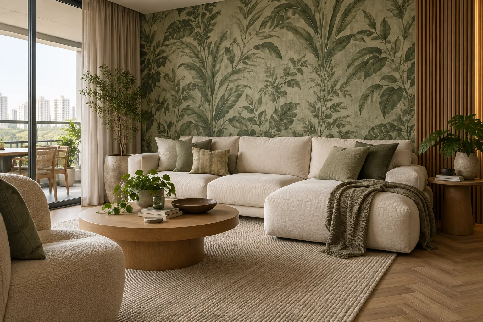 Conceito ilustrativo de sala com papel de parede botânico e painel ripado